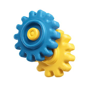 två förregling 3d kugghjul i blå och gul färger representerar lagarbete och mekanik isolerat på transparent bakgrund png