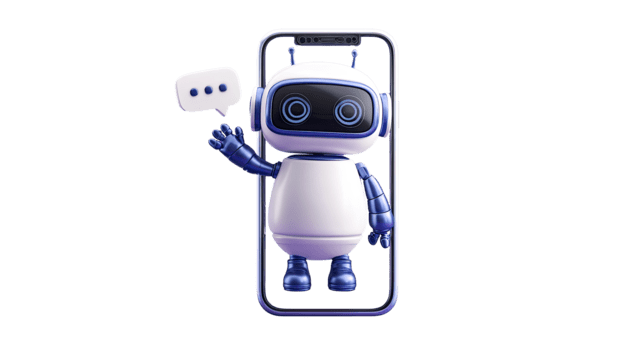 3d chatbot personaje dentro un teléfono inteligente con un habla burbuja aislado en transparente antecedentes png