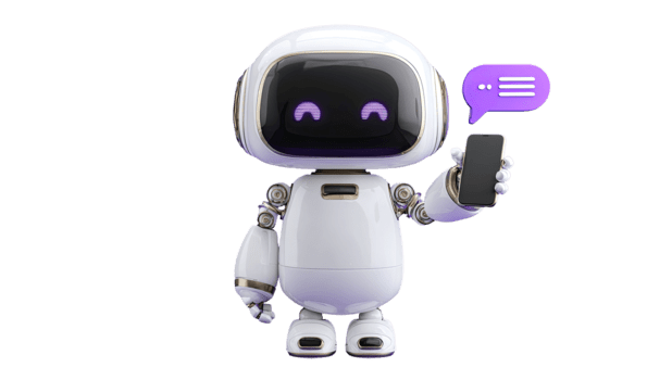 3d blanco robot personaje participación un teléfono inteligente con un mensaje burbuja icono aislado en transparente antecedentes png