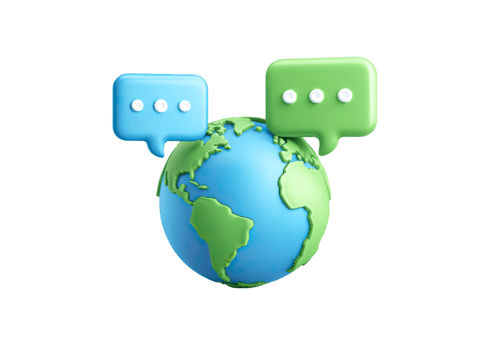 Globe with two message bubbles indicating global communication and connection isolated on transparent background png