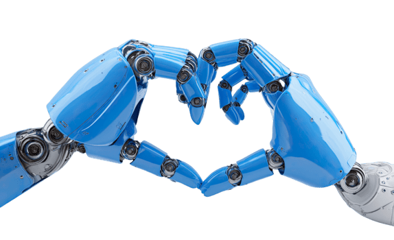Two robotic hands forming a heart shape symbolizing connection and emotion isolated on transparent background png