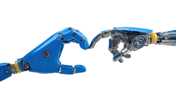 blu e argento robotica mani formatura un' cuore forma, simboleggiante digitale connessione isolato su trasparente sfondo png