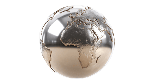 metallico globo mostrando continenti e oceani con un' riflessivo superficie isolato su trasparente sfondo png