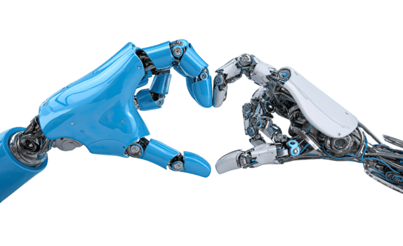 Robotic hands forming a heart shape, one blue and one white, symbolizing connection isolated on transparent background png