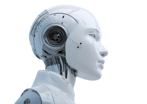 vit metallisk humanoid robot huvud i profil representerar artificiell intelligens och framtida isolerat på transparent bakgrund png