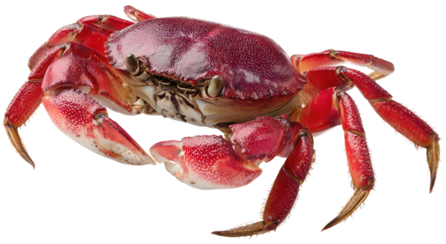 Red crab with hard shell and powerful claws ready for consumption isolated on transparent background png
