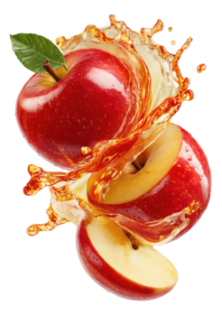 färsk röd äpplen exploderande med en vibrerande juice stänk och grön blad isolerat på transparent bakgrund png