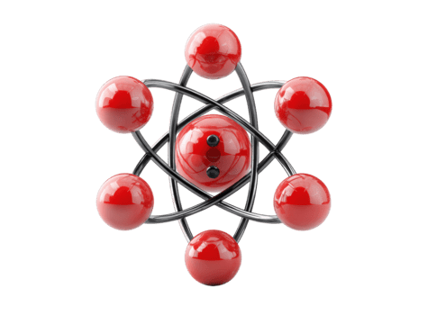 tre dimensionale rosso atomico struttura con orbitante sfere e intreccio metallico anelli isolato su trasparente sfondo png