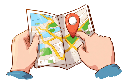 mani Tenere un' piegato carta carta geografica con un' rosso Posizione perno per viaggio navigazione isolato su trasparente sfondo png