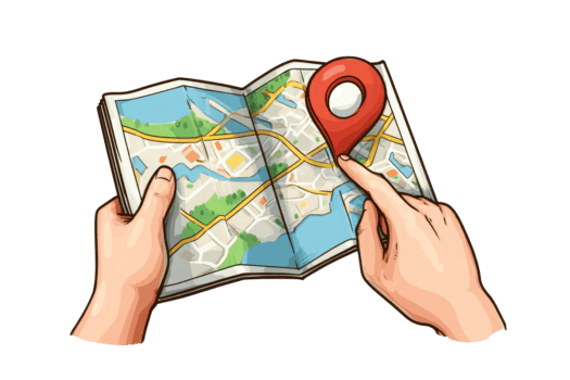 Hands holding a folded street map with a red location pin pointing to a destination isolated on transparent background png