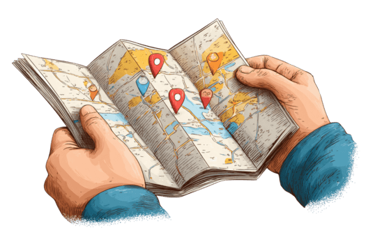 mani Tenere un spiegato carta carta geografica con multiplo Posizione perni per navigazione isolato su trasparente sfondo png