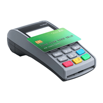 pagamento terminale con un' verde finanziario carta inserito per sicuro pagamento in lavorazione isolato su trasparente sfondo png