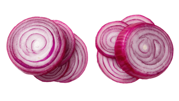 Fresh red onion slices showing concentric rings arranged in two groups isolated on transparent background png