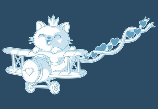 Cartoon mascot clip art of a cat prince flying high on a dragonfly airplane, with a trailing string of love symbols, colored in white, sage, and light turquoise. vector