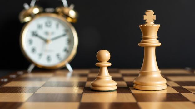 Chess Pieces on Wooden Board Beside Clock Strategy Focus and Time in Play photo