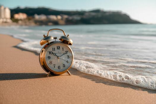 Bronze Alarm Clock on Beach Sand by Gentle Waves at Sunrise Time, Travel, and Relaxation Vibes photo