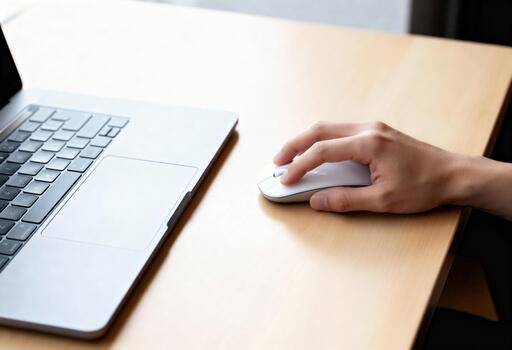 Hands on White Wireless Mouse Beside Laptop on Wooden Desk for Focused Work and Productivity photo
