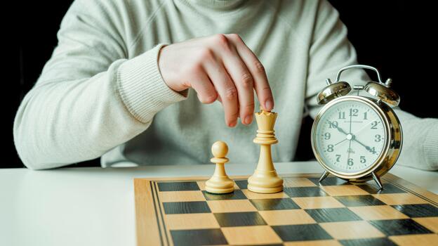 Strategic Chess Move With Clock On Board Symbolizing Time, Focus, And Decision photo