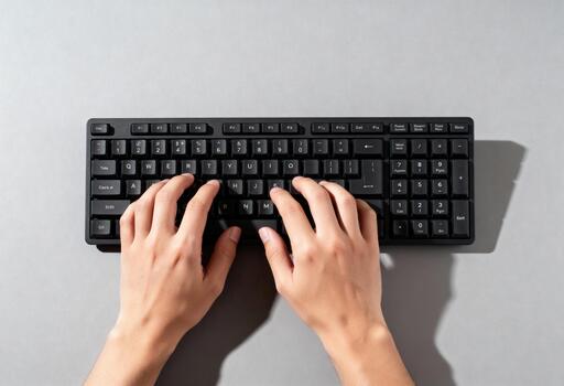 Hands Typing On A Compact Black Keyboard At A Minimal Desk Setup photo