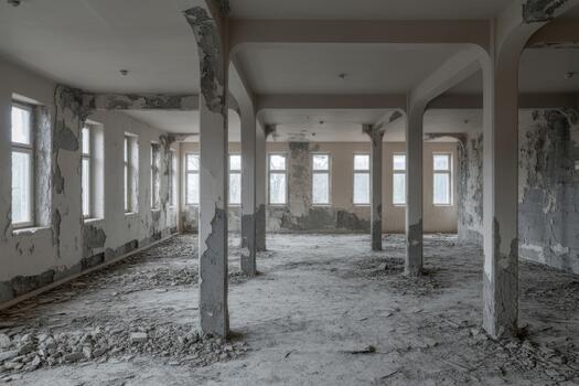Abandoned Industrial Interior With Pillars And Ruined Walls In Empty Building photo