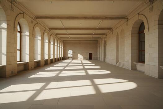 iluminado por el sol arqueado corredor dentro histórico edificio con largo sombra patrones y ventana ligero foto