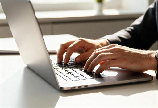 Focused Hands Typing on Laptop Keyboard in Bright Office Setting for Remote Work photo