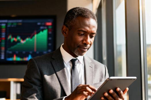 Professional Businessman in Suit Using Tablet Beside Stock Market Display in Modern Office photo