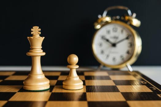 King And Pawn On Chessboard With Vintage Alarm Clock In Background photo