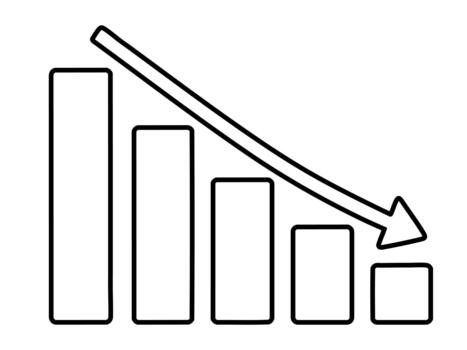 Black outline of descending bar chart with downward arrow, isolated on white background. concept of economic decline, data analysis, financial crisis, statistics. vector
