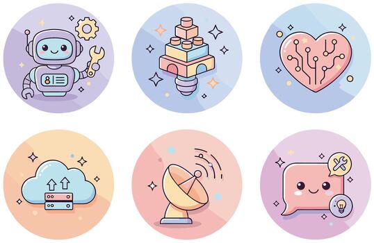 Tech and Tenderness Icons 6 Whimsical Digital Badges Isolated Soft Pastel Gradients Floating Sparkles vector