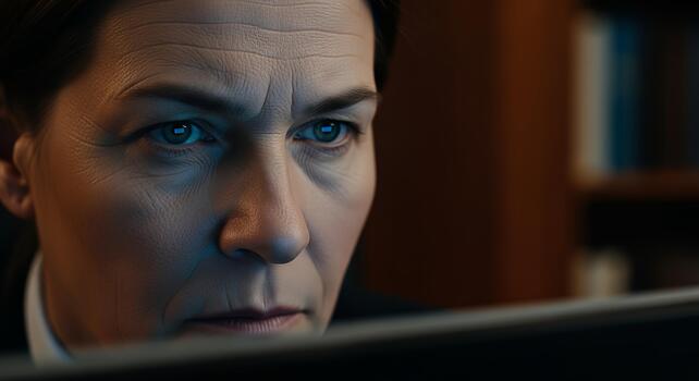 de cerca de un mans intenso cara como él se enfoca en un computadora pantalla. foto