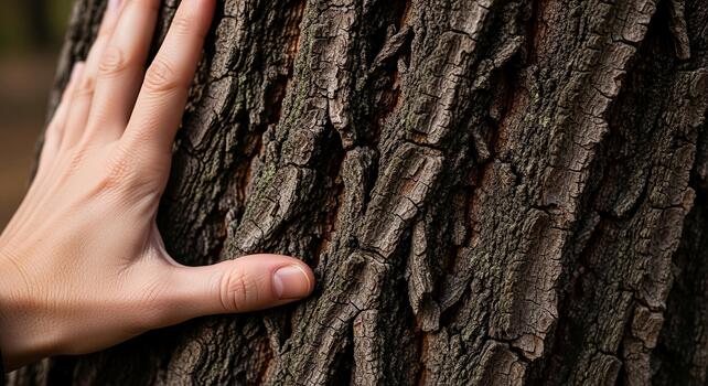 Hand touching rough tree bark in nature. photo
