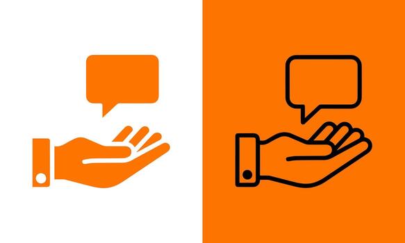 Open hand offering a speech bubble icon representing communication support and information sharing vector