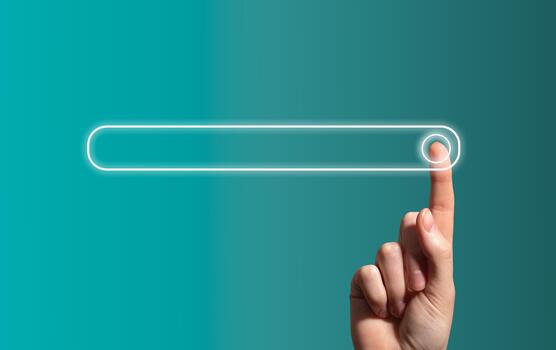 Hand touching virtual search bar. Finger interacting with glowing digital interface, neon gradient photo