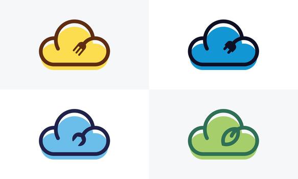 Dynamic collection of four distinct cloud service symbols perfect for branding tech startups focused on sustainable food energy and infrastructure solutions vector