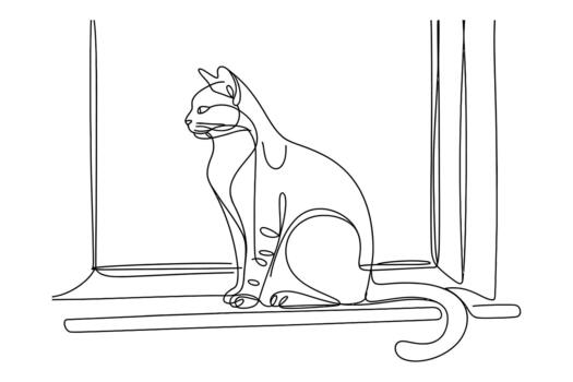 Elegant line drawing of a graceful cat sitting serene on a window ledge vector