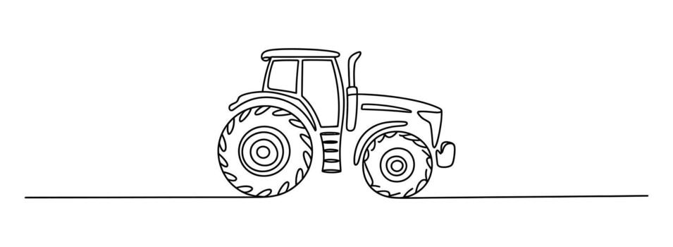 Minimalist line drawing of a farm tractor with large wheels on a white background vector