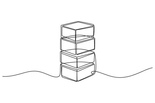 Minimalist line drawing of four stacked transparent cubes creating a tall structure on a wavy line vector