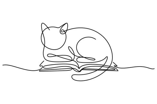 Elegant single line drawing captures a cozy cat curled up asleep on an open book vector