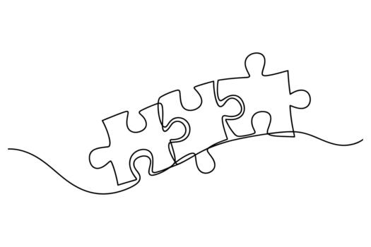 Abstract single line drawing of three interlocking puzzle pieces connected by a flowing curved line vector