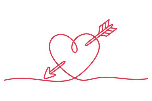 Simple continuous line drawing of a red heart pierced by an arrow symbolizing love and affection vector