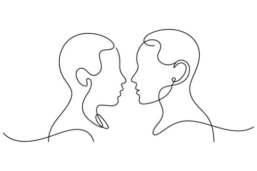 Minimalist continuous line drawing of two heads facing each other in profile vector