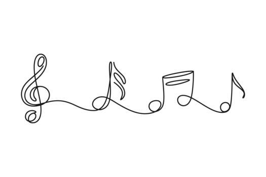 Continuous line drawing of musical notes and treble clef symbol on white background vector