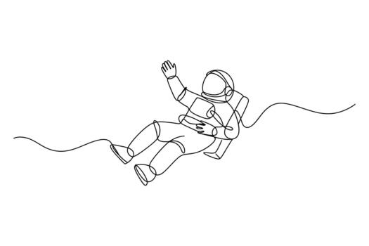 Astronaut floating in space with one continuous line drawing waving hello vector