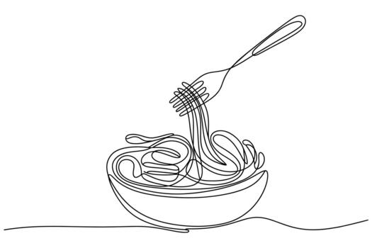 Minimalist single line drawing of spaghetti twirled on a fork emerging from a bowl vector