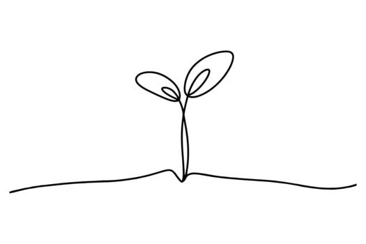 Minimalist single line drawing of a delicate seedling emerging from the earth symbolizing growth and new beginnings vector
