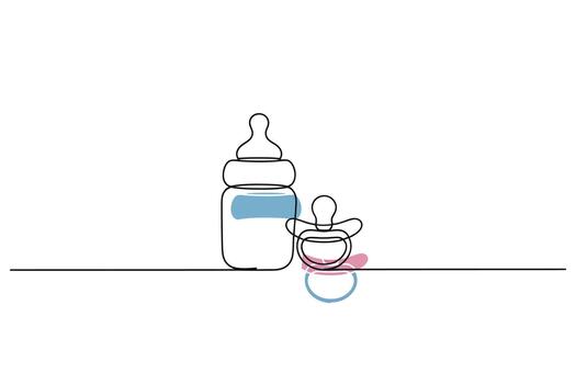 Minimalist continuous line drawing of a baby bottle and pacifier on a white background vector