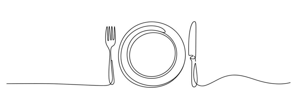 resumen minimalista línea Arte representando un plato tenedor y cuchillo en un soltero continuo carrera vector