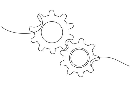 Minimalist single line drawing of two interlocking gears representing synergy and collaboration vector
