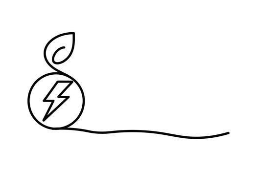 Abstract single line drawing of a lightning bolt inside a circle with a sprouting leaf representing renewable energy vector
